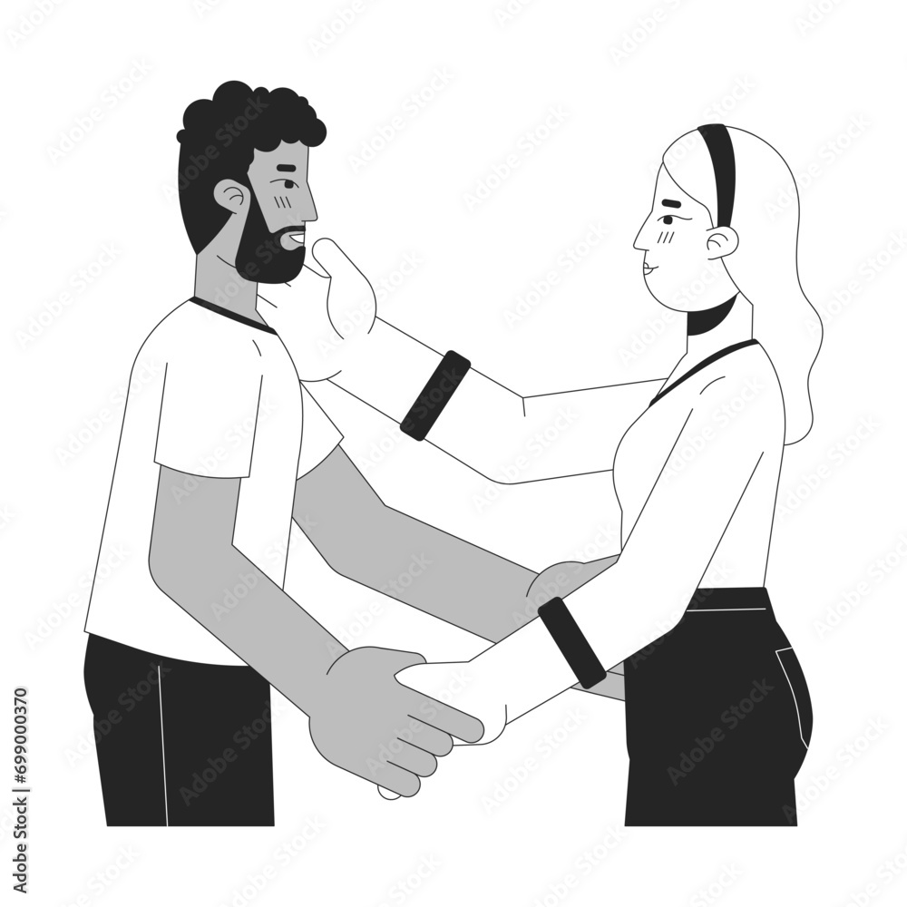 Interracial heterosexual lovers embrace black and white 2D line cartoon characters. Affectionate sweethearts isolated vector outline people. Intimate bonding monochromatic flat spot illustration Interracial heterosexual lovers embrace black and white 2D line cartoon characters. Affectionate sweethearts isolated vector outline people. Intimate bonding monochromatic flat spot illustration