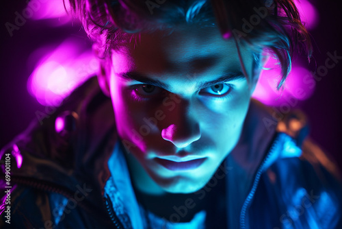 Generative ai image of modern guy on illuminated neon color background