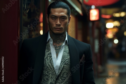 Ruthless Yakuza guy. Adult male portrait. Generate Ai photo