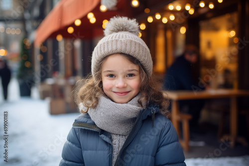 AI generated portrait of cheerful glad child walking in the winter city