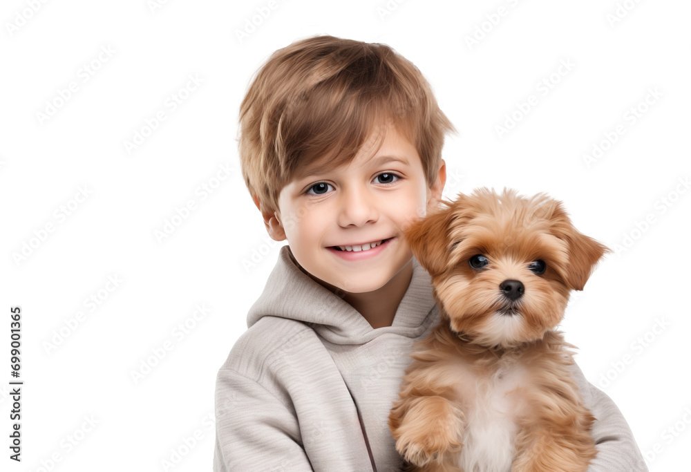 smiling little boy holds a dog puppy in his arms looking at camera on transparent background smiling little boy holds a dog puppy in his arms looking at camera on transparent background