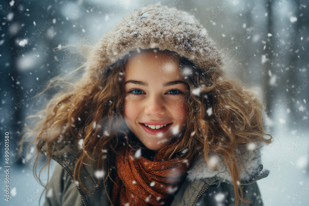 AI generated picture of cheerful positive charming adult girl walking in snowy winter park AI generated picture of cheerful positive charming adult girl walking in snowy winter park