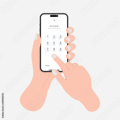 Hand holding smartphone with unlock screen and button. Flat design illustration of people hand holding smartphone with login screen and entering PIN code. Vector.