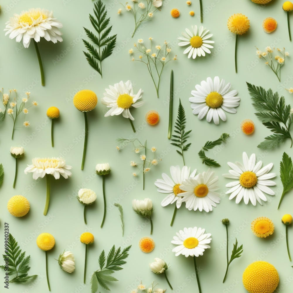 A flatlay of daisies, ferns, ferns and other wildflowers on a light green background