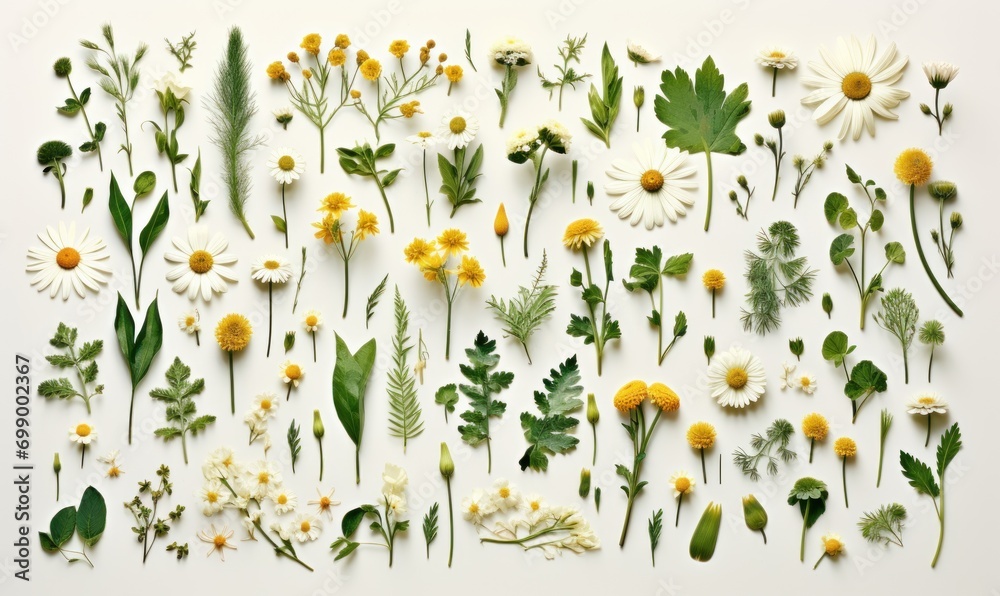 medicinal plants on light background: chamomile, fern, fern, fletley for illustration of natural cosmetics, medicines  - obrazy, fototapety, plakaty 