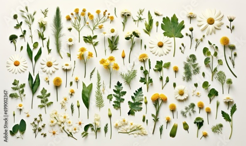 medicinal plants on light background: chamomile, fern, fern, fletley for illustration of natural cosmetics, medicines 