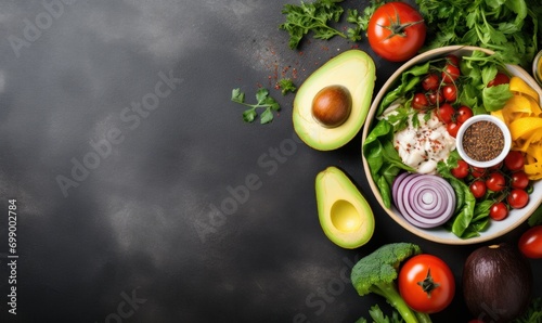 Ingredients for making a salad displayed on a black background with room for text, emphasizing nutrition, wholesome consumption, and fresh veggies and herbs