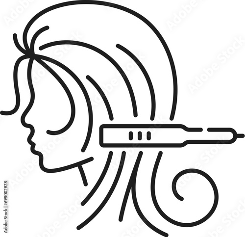 Hair straightener icon for hair care treatment and beauty or woman salon, line vector. Hair straightener appliance for female haircut straightening and haircare cosmetic treatment in outline icon