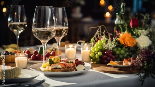Elegant and select restaurant table with wine glass and appetizers on the bar table, creating a soft-lighted and romantic atmosphere for a dinner wedding service menu.