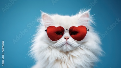 cute, stylish cat wearing heart-shaped sunglasses, posing against a vibrant blue background.