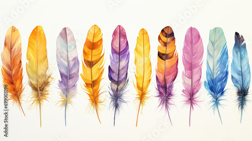 set of feathers isolated on white background. Hand Drawn Watercolour Feathers . Hand drawn illustration -.Watercolor feathers collection. Aquarelle boho set.greeting cards, posters, prints