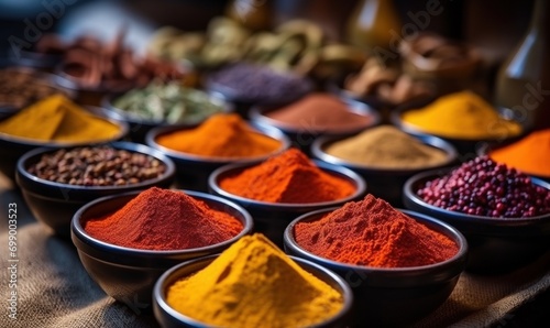 An array of colorful seasonings with individual textures and designs, held within a wooden receptacle, embodying the spirit of Indian meals