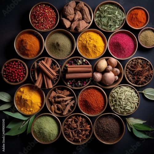 An assortment of multicolored spices with unique textures and patterns  presented in a wooden vessel  showcasing the depth of Indian culinary traditions