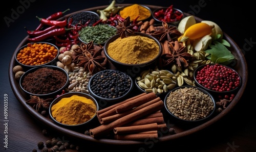 a set of various colorful spices of different textures and shapes in a wooden bowl, a concept of bright Indian cuisine