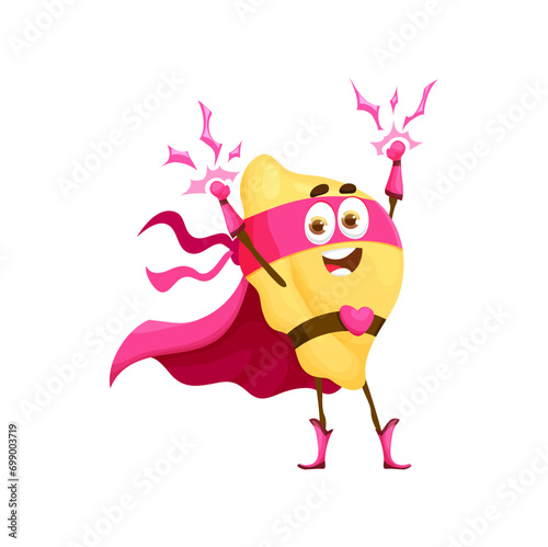Cartoon creste italian pasta superhero character. Isolated vector super hero food personage wear pink mask and cape, uses powerful abilities to fight crime and serve justice with a flavorful twist