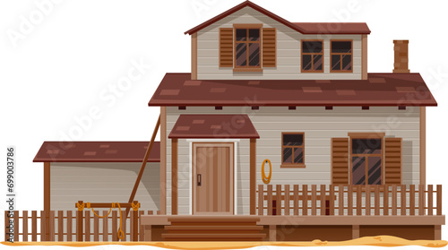 Western Wild West town cartoon cowboy or sheriff house. Vector building of old american Wild West country street with wood board facade, porch and stairs, hitching rail with horse harness and lasso