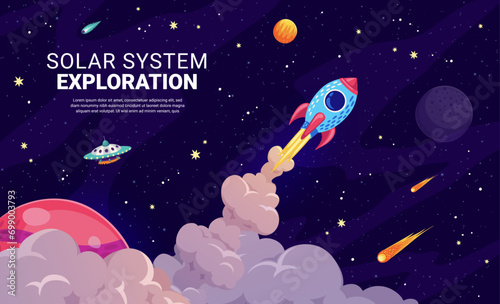 Rocket launch to galaxy space, fast start theme with rocket and chemtrail clouds, vector background. Solar system exploration cartoon poster with spaceship shuttle launch to outer space planets