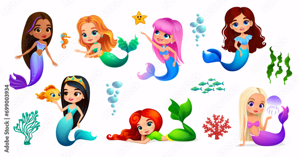 Cartoon mermaid characters of cute little sea princess with ocean water animals. Vector personages of fairy underwater girls, mermaids with fish, seahorse, starfish and corals, jellyfish and seaweed - obrazy, fototapety, plakaty 