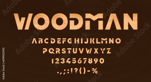 Furniture font, wooden type, timber alphabet, oak or pine tree texture typeface. English ABC numeral and punctuation symbols, font typeset vector letters and digits with wooden furniture texture