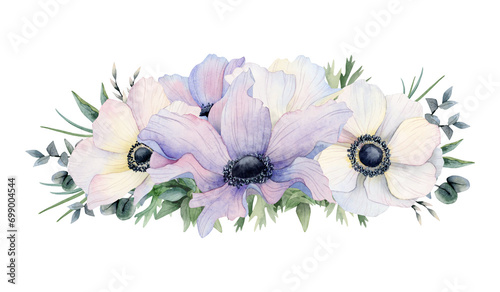Pastel purple and white anemone flowers horizontal wedding banner with eucalyptus branches and grass watercolor floral illustration isolated on white. Field poppy for spring designs photo