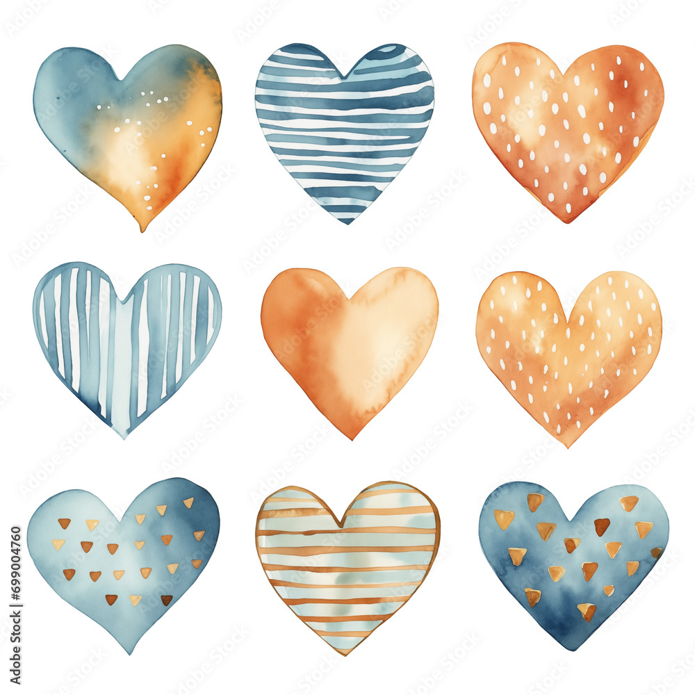  Valentine's day clipart set. Romantic waterolor hearts with vintage patterns. Isolated on transparent background. Generative AI.