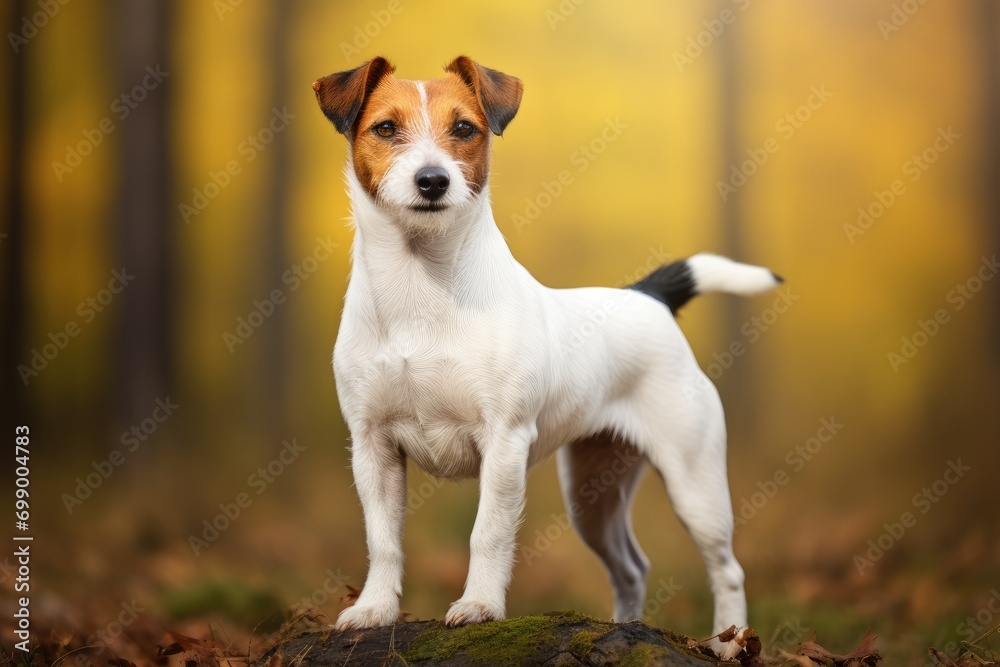 Jack Russell Terrier dog standing in the autumn forest. Selective focus, Jack Russell Terrier dog, AI Generated