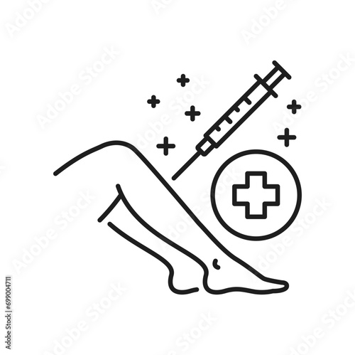 Injection into leg, edema treatment outline icon. Vector medical sclerotherapy surgery, varicose veins medical procedure. Injecting into vein