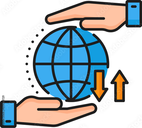 Saving traffic. CDN. Content delivery network icon, Internet network file storage and backup server sign, website content delivery technology, CDN linear vector icon with human hands and globe