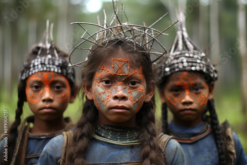 Unidentified children of Chiang Mai ethnic group in traditional costume in Chiang Mai, Thailand, Indigenous children in the Amazon rainforest, AI Generated photo