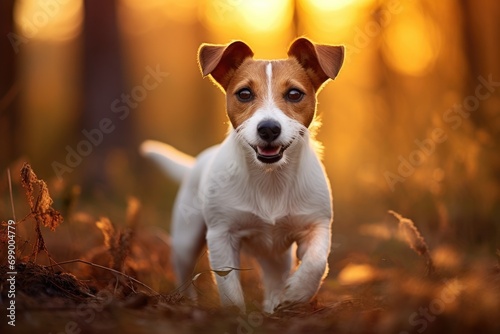 Leinwand Poster Jack russell terrier puppy running in the autumn forest, Jack Russell Terrier do
