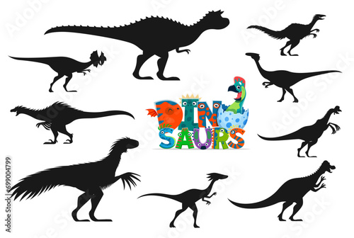 Isolated dinosaurs cartoon personages silhouettes. Carnotaurus, Dilophosaur, Troodon and Gallimimus, Oviraptor, Therizinosaurus, Compsognathus and Pachycephalosaurus funny dinosaurs vector silhouettes