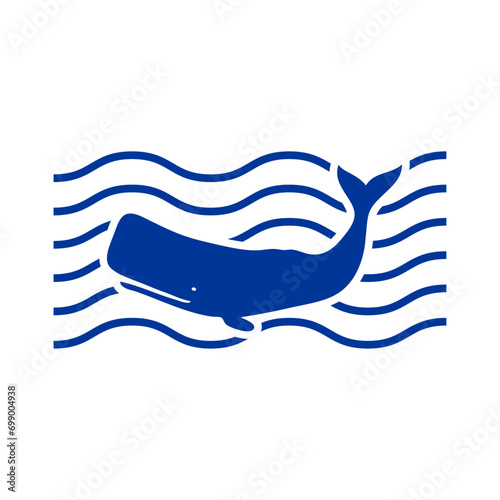 Logo Nautical. Silueta de cachalote con olas de mar