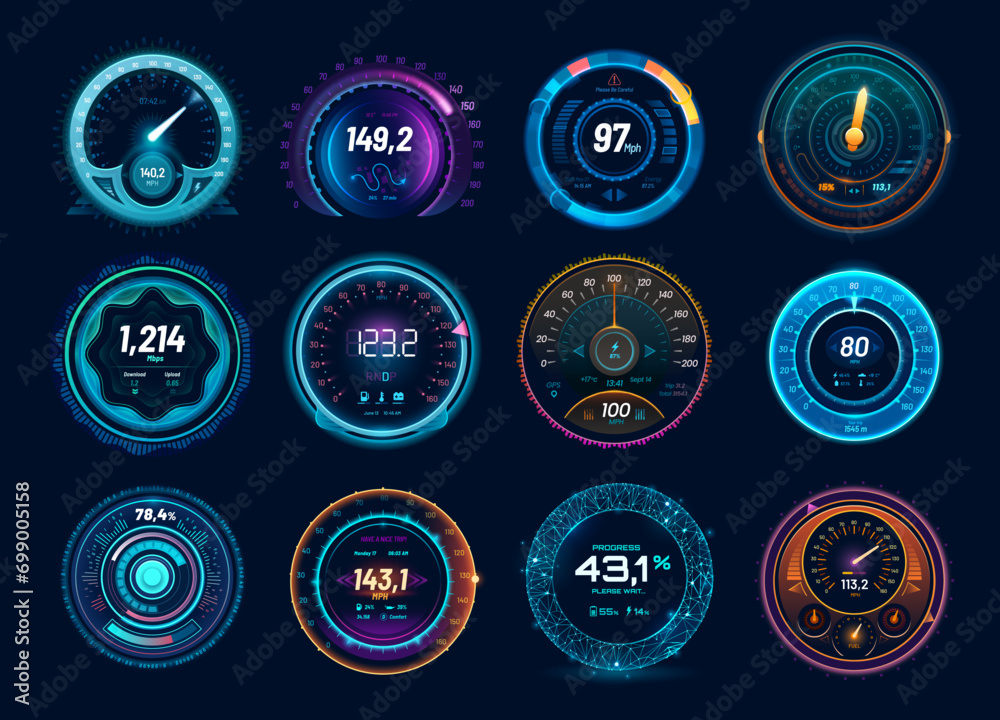 Speedometer neon dial, car and internet traffic speed gauge dashboard, futuristic counter interface, vector HUD elements. Digital charge, speed meter and connection test indicators, race sport game - obrazy, fototapety, plakaty 