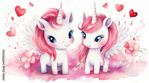Cute unicorn couple in love with hearts valentine