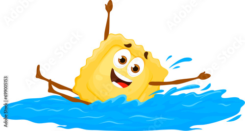Cartoon ravioli pasta character swimming in sea, ocean or pool water. Funny swimmer macaroni, happy smiling vector personage of italian pasta food having fun in blue water waves, summer beach vacation