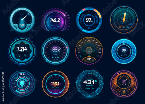 Speedometer neon dial, car and internet traffic speed gauge dashboard, futuristic counter interface, vector HUD elements. Digital charge, speed meter and connection test indicators, race sport game photo