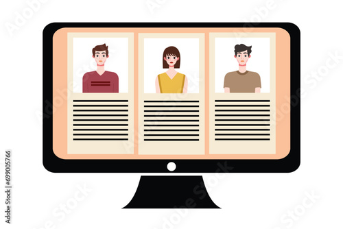 People in video conference on computer screen. Online meeting, video call concept. Vector illustration.