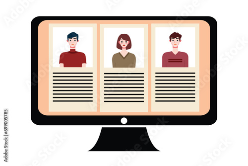 People in video conference on computer screen. Online meeting, video call concept. Vector illustration.