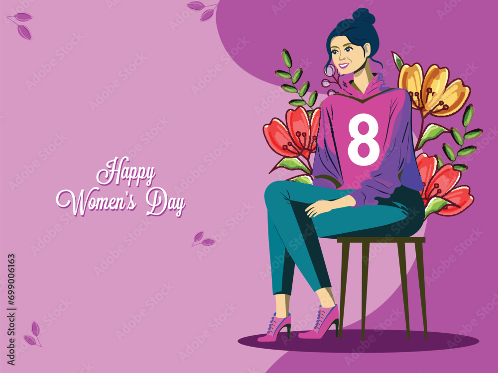 Modern Portrait of Beautiful Young Woman Sitting on Stool Against Floral Background for Happy Women' Day Celebration Concept