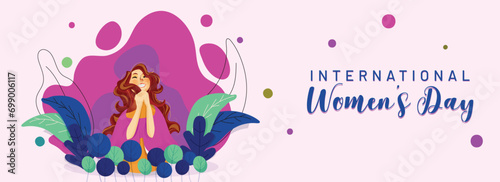 International Women s Day Banner or Header Design with Cheerful Portrait of Young Woman on Leaves Background.