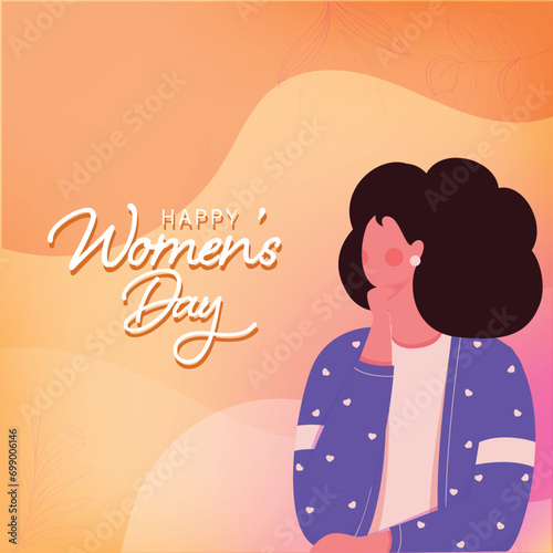 Cartoon Character of Faceless Young Woman on Yellow Leaves Wavy Background for Happy Women s Day Celebration Concept.