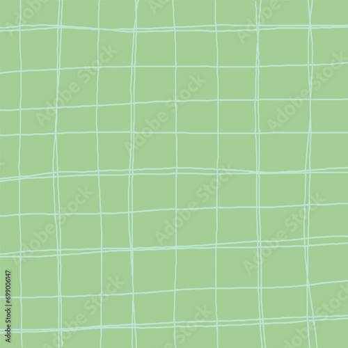 Hand drawn green grey plaid pattern. Check, square doodle background. Line art freehand grid. Crossing white stripes brush stroke. Notebook Texture. Abstract Psychedelic print with Wavy Doodle Stripes
