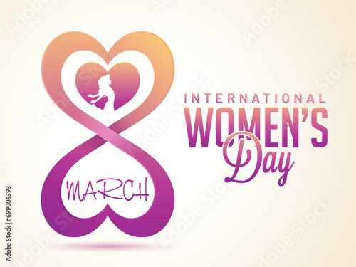 March of Stylish 8 Number In Heart Shape with Beautiful Dancing Young Woman Silhouette Character for International Women's Day Celebration Concept.