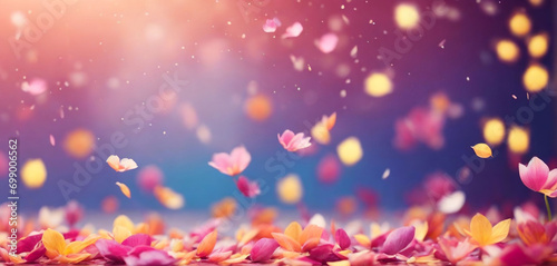 Spring holidays, falling flower petals, abstract color gradient background, bokeh effect. For greeting cards, banner.
