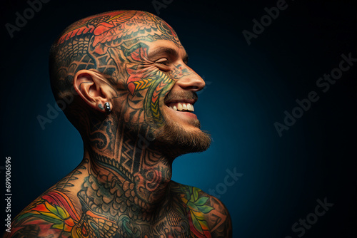 Generative ai close up photography of man with tattoo on head face isolated on dark background