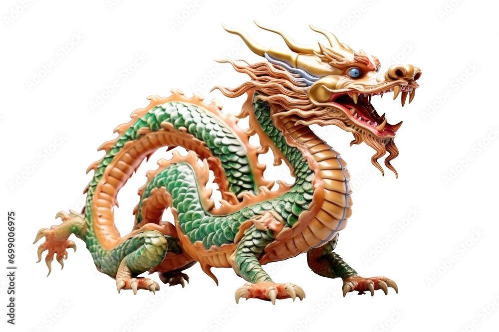 Beautiful traditional Chinese dragon statue isolated on a cut out PNG transparent background