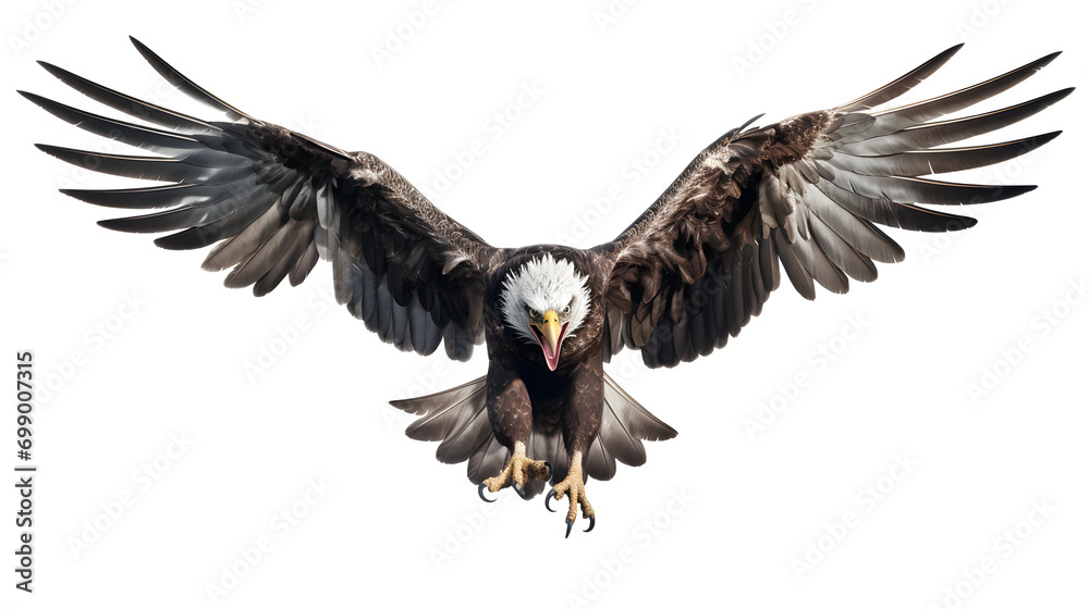 Bald american Eagle Isolated on White Background, Adult Flying Eagle Isolated on White Background - obrazy, fototapety, plakaty 