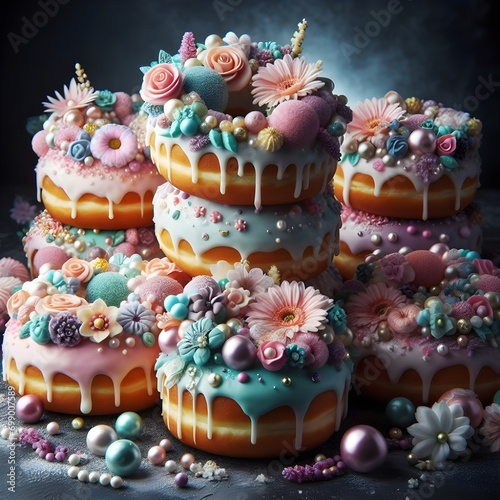 Whimsical heavily decorated pile donuts in pastell colors with icing. 