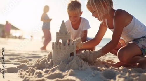Group of children enjoying a sunny day at the beach, building a sand castle together. photo