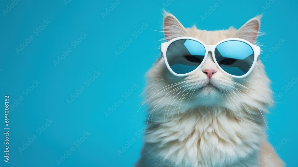 Fluffy cat wearing heart-shaped sunglasses on blue background